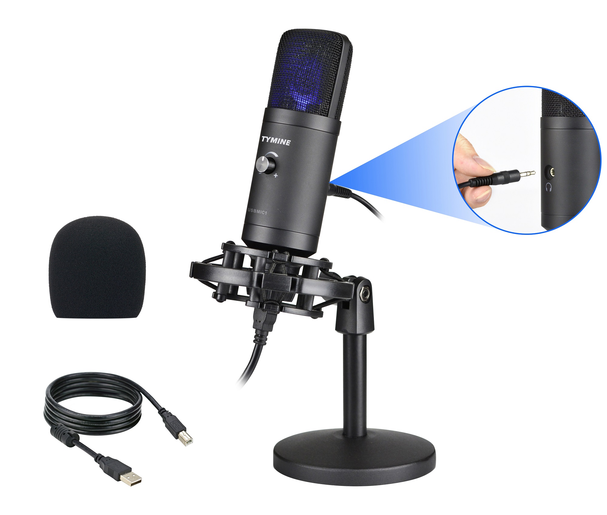 USB microphone Studio microphone with volume control and headphone jack