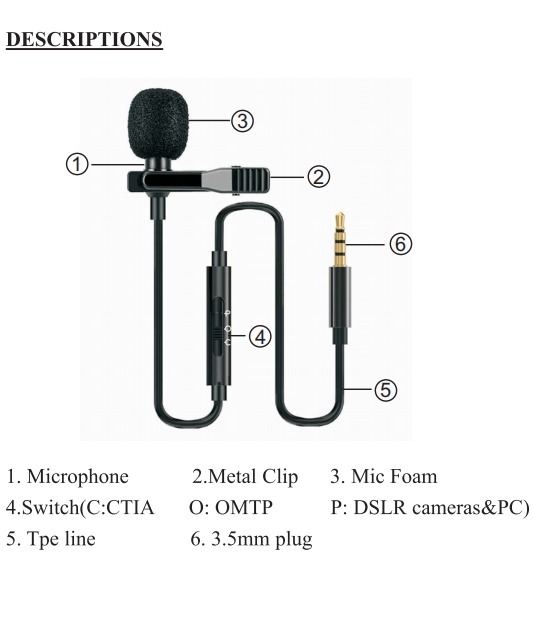 Lavalier microphone lapel microphone for smartphone and camera and computer